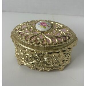 Vintage Splendid Gold Filigree Music Box Pink Velvet Floral Porcelain Japan